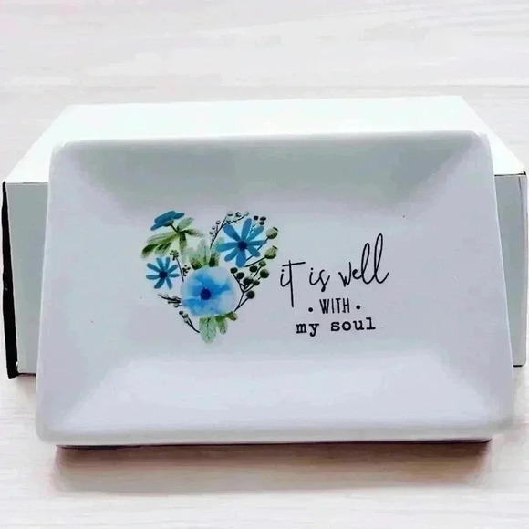 It Is Well With My Soul White Ceramic Soap Dish W/ Blue Flowers & Black Accents - Picture 12 of 13
